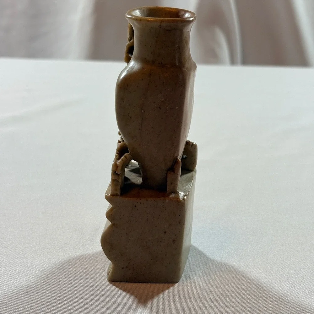 Vintage Hand Carved Soapstone Bud Vase Chinese Floral Relief Tan 5.5 Inch